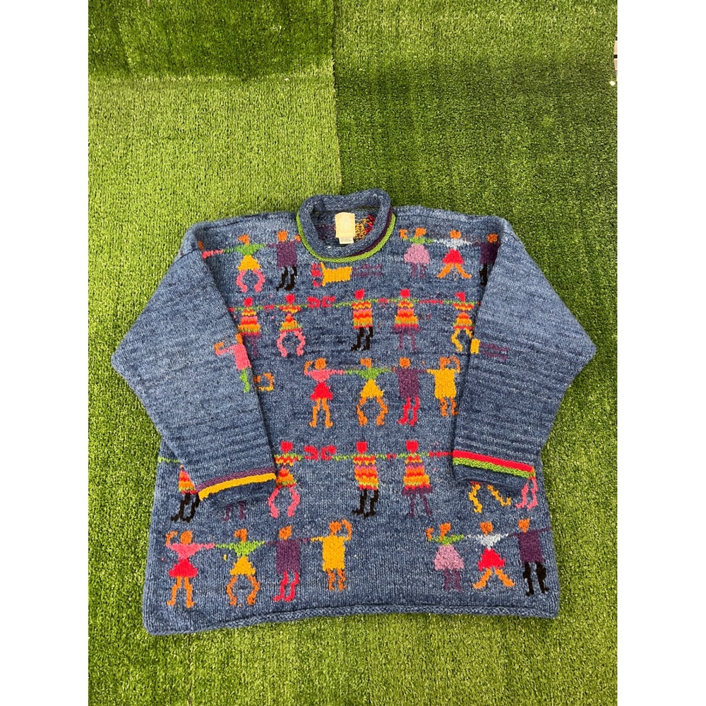 Amano Bolivia 100% Wool Hand Knit Folk Art Dancing People Sweater Blue Mens L/XL